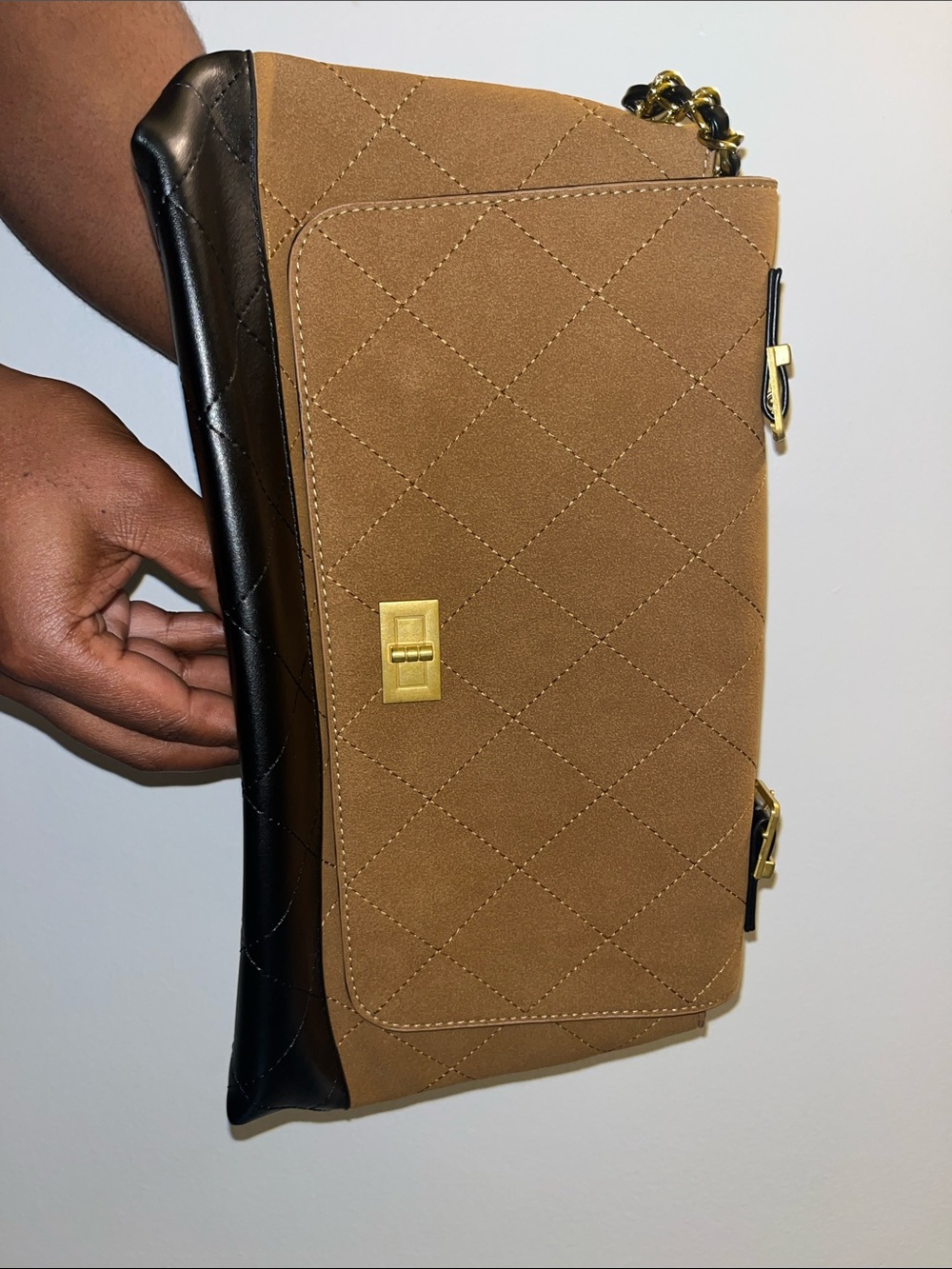 Quilted Brown & Black Chain Shoulder Bag
